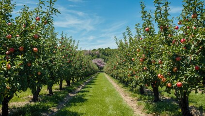 Obraz premium Red ripe apples on orchard branches, illustrating seasonal fruiting in a natural setting, World Apple Day