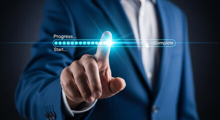 A businessman in a blue suit interacting with a futuristic digital interface