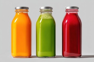 Three colorful juice bottles on a transparent background