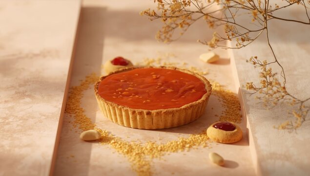 Peanut pie topped with jam center used as a food styling element for bakery presentation