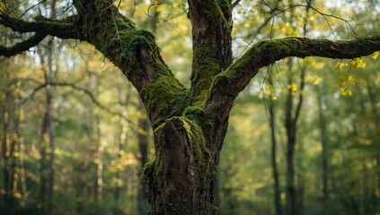 Obraz premium Branch limbs draped with moss in a dense forest setting, suitable for nature-themed backgrounds, World Environment Day