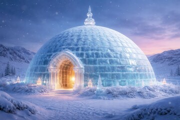 Fototapeta premium Frosty frozen hemisphere with an elegant dome built entirely of ice blocks