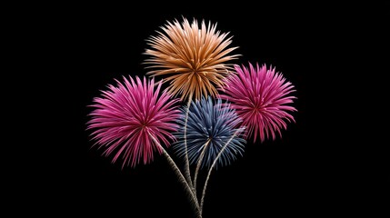Fototapeta premium Colorful fireworks burst against a black background, creating a festive atmosphere with vibrant hues and intricate designs.