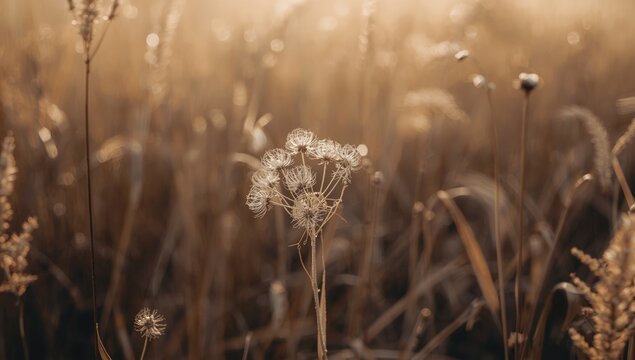 Wild carrot flowers dried alongside grass and spikelets, used as a textured background for design projects, Earth Day