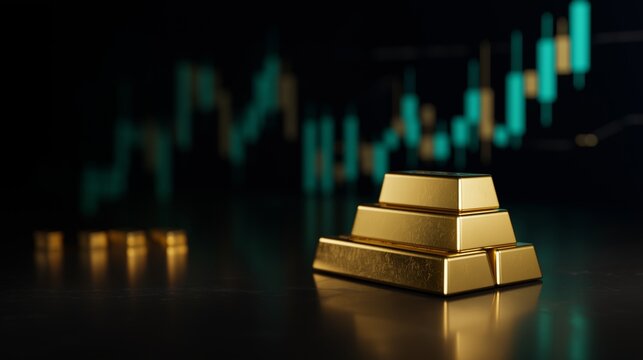 Stacked gold bars represent investment growth against rising market indicators. Precious metal assets support financial security, wealth preservation, and capital protection. Economic concept 