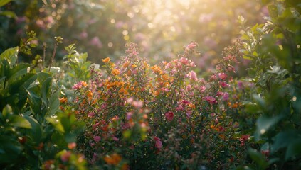 Vivid spring flora with blooming plants and fresh foliage, ideal for editorial header backgrounds