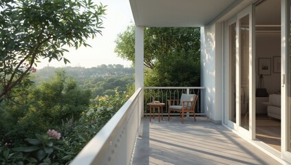 Contemporary outdoor balcony featuring white safety railing amidst lush plant life, ideal for casual gatherings