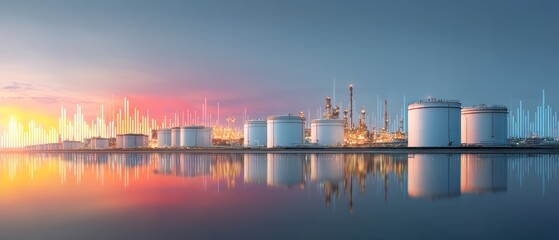Industrial oil refinery plant with storage tanks at sunset