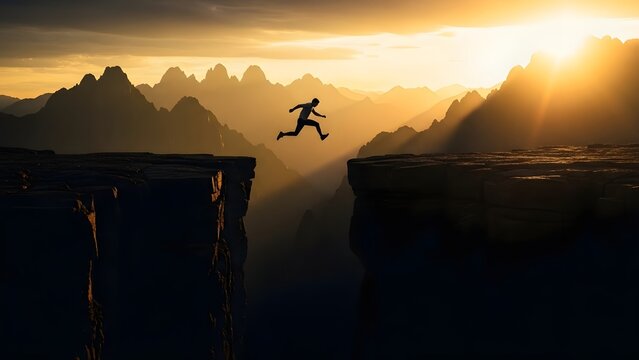 Man jumping over mountain chasm at sunset. Risk taking and overcoming obstacles concept. Athletic person leaping across a gap between cliffs.