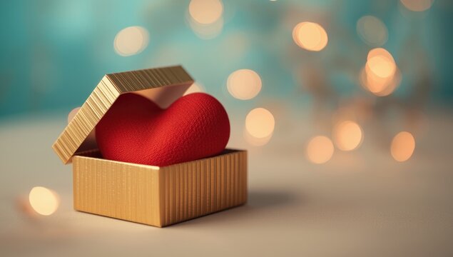 Fabric heart in a gold striped gift box, designed for gift packaging and celebration, Valentines Day