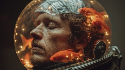A surreal portrait of a man with fish inside a space helmet