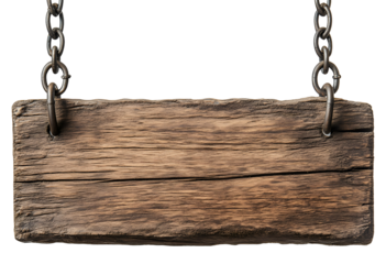 Wooden hanging sign on chains isolated on transparent background, PNG