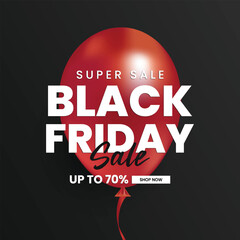Black Friday Sale banner with red balloon and discount offer for promotion, advertising.
