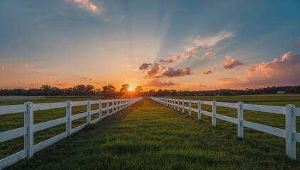 Fototapeta premium Sunset over a rural landscape with a white fence, suitable for editorial header design