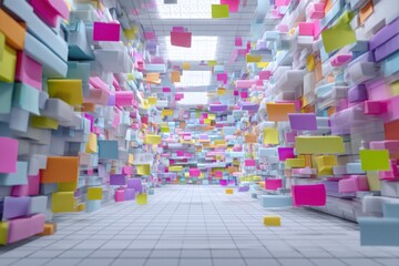 Abstract corridor with colorful sticky notes transparent background
