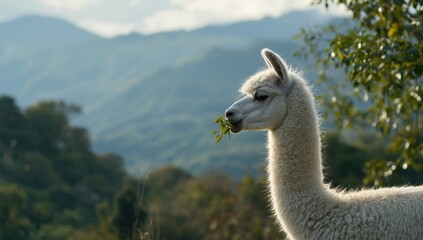 Obraz premium Llama feeding on lush green leaves, highlighting forage intake and grazing behavior