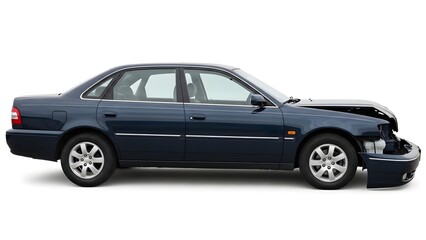 Obraz premium Dark blue sedan car with front end damage and missing bumper on white background damaged