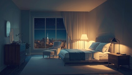 Interior room illustration with detailed furniture and lighting, suitable for editorial layouts