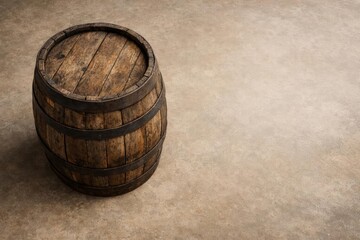 Fototapeta premium Elevated perspective of a historic wooden barrel placed on a smooth textured surface with copy space
