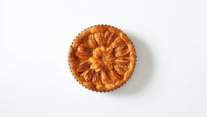 Apple tart pastry with caramelized topping on a white surface, highlighting dessert preparation techniques, for culinary presentation