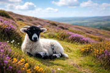 Fototapeta premium Juvenile Dalesbred sheep resting on vibrant spring moorland with free space for text