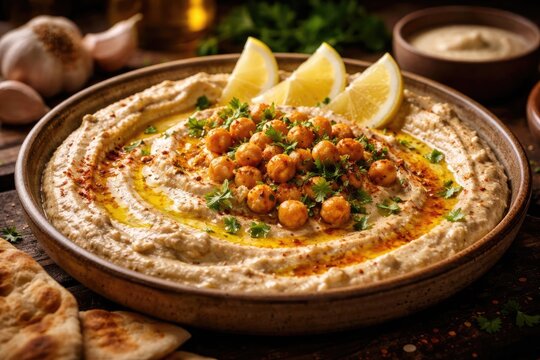 Hibes platter seasoned with garlic lemon juice and creamy tahini