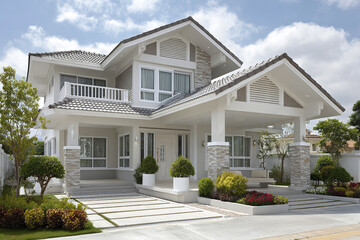 Modern house exterior with white walls and stone accents under cloudy sky, surrounded by green plants and clean driveway, creating calm and inviting atmosphere
