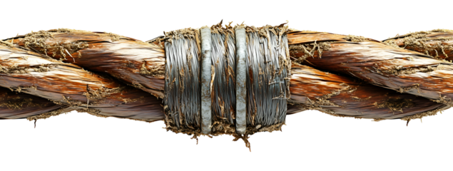 Twisted cable connection with root-like structure isolated on transparent background, PNG