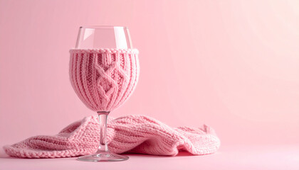 wine glass wrapped in a soft pink knitted wool cozy isolated background