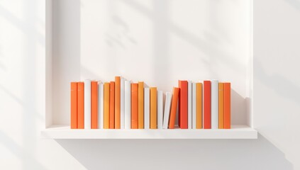 Stacked orange and white books on a shelf with gentle shadow, ideal as a layout background, World Book Day