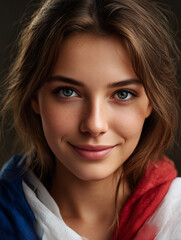 Naklejka premium Young woman smiling wrapped in french flag colors