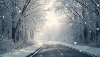 Obraz premium Icy winter trail through leafless woodland, suitable for outdoor navigation or landscape design