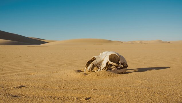 Animal skull on a beach shoreline amid sand and natural elements, highlighting erosion risk