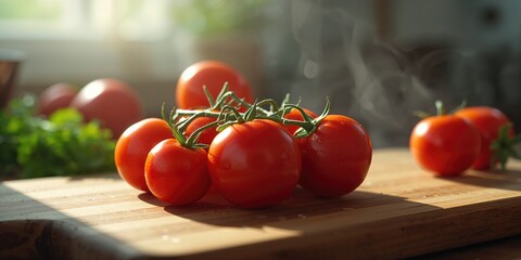 Fresh vine ripened tomatoes with lush green stems, highlighting organic growth, Earth Day