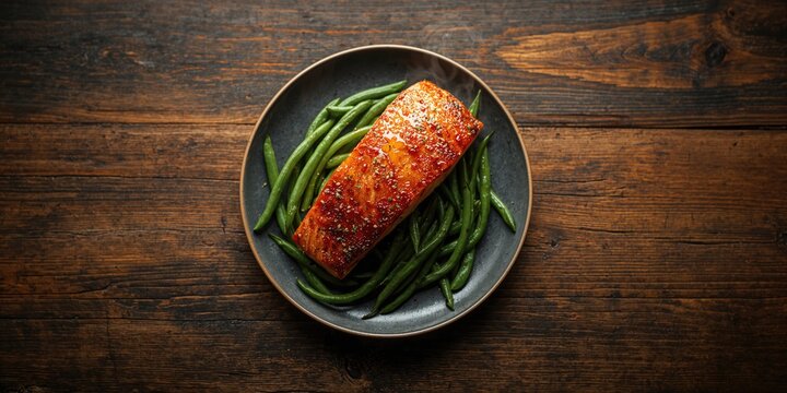 Cooked salmon served alongside green beans on a wooden surface, highlighting a nutrient-dense dish, Earth Day