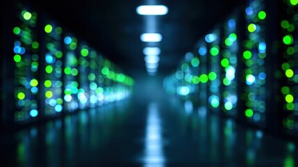 Data center server racks with green and blue lights