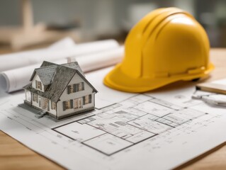House model blueprint and yellow helmet on table
