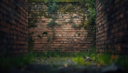 Weathered brick wall with moss and grass growth, suitable for rustic background or urban decay themes