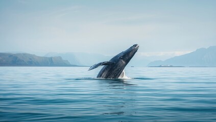 Fototapeta premium Humpback whale breaching the ocean surface near Iceland, highlighting marine biodiversity