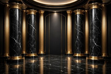 Modern black marble pillars complemented by elegant gold columns background