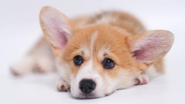 sadness welsh corgi pembroke puppy dog blinking eyes lying on the floor. Sad hopeful look. Soulful gaze looking to the camera. Sorrow pet. Bored cute doggy waiting for an owner. 4K footage.
