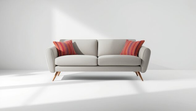 Fabric-upholstered two-seater sofa with striped cushions, suitable for living room arrangements, isolated on white