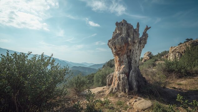 Martiss petrified and mineralized tree trunks in Sardinias Carrucana stone forest, showcasing fossilized plant remains, Earth Day