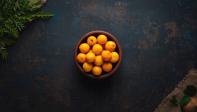 Fresh kumquat fruits in a ceramic bowl on a dark background natural snack options for health awareness