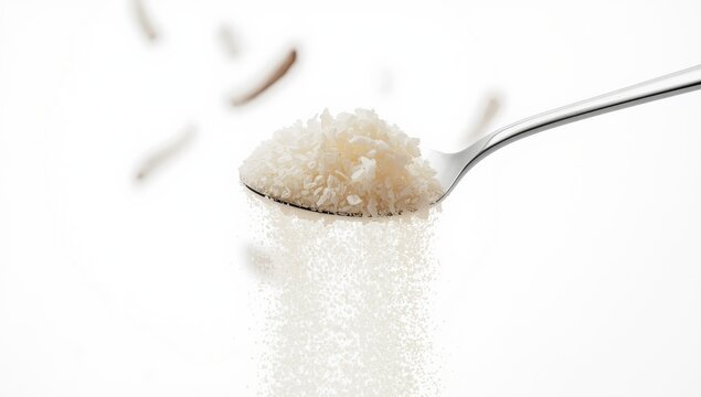 Coconut powder scattered from a teaspoon, emphasizing ingredient preparation for cooking or baking, food and cuisine