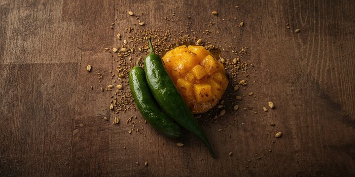 Green chilli and mango pickles prepared with mustard seeds and mustard oil, used as flavoring agents in traditional cuisine
