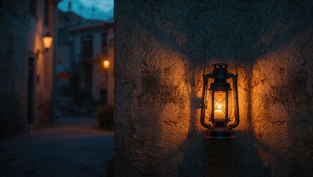 Old-fashioned lantern mounted on a rustic wall, serving as a safety light fixture, World Safety Day