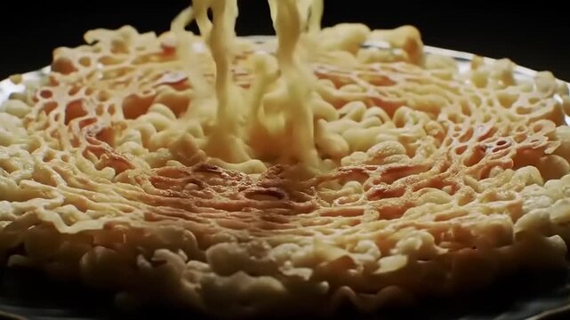 Close-up of a sweet, doughy pastry being drizzled with a golden syrup, creating a delicate lacework pattern on the surface