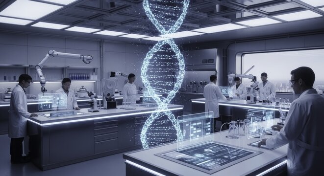 Scientists in a Futuristic High-Tech Genetic Research Laboratory with a Large Glowing DNA Helix Hologram and Holographic Displays - Powered by Adobe