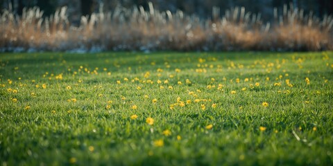 Obraz premium Spring landscape featuring a green grassy area dotted with yellow flowers, suitable for nature walks